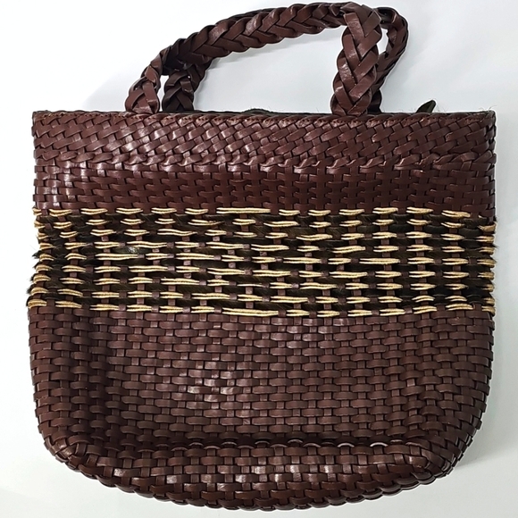 Woven Leather & Suede Brown & Tan Handbag w Braided Handles & Cowhide Accents - Picture 12 of 12